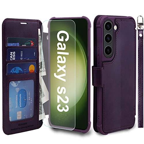 VANAVAGY Handyhülle für Samaung Galaxy S23 5G,Premium Leder Stoßfeste Klapphülle Mit Kabelloses Laden und RFID Blocking für Galaxy S23 5G(6.1 Zoll),Lila von VANAVAGY