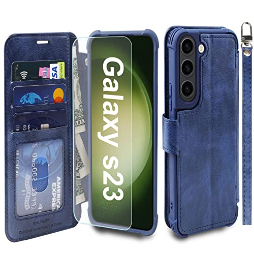 VANAVAGY Handyhülle für Samaung Galaxy S23 5G,Premium Leder Stoßfeste Klapphülle Mit Kabelloses Laden und RFID Blocking für Galaxy S23 5G(6.1 Zoll),Marineblau von VANAVAGY