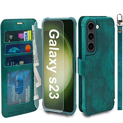 VANAVAGY Handyhülle für Samaung Galaxy S23 5G,Premium Leder Stoßfeste Klapphülle Mit Kabelloses Laden und RFID Blocking für Galaxy S23 5G(6.1 Zoll),Mitternachtsgrün von VANAVAGY