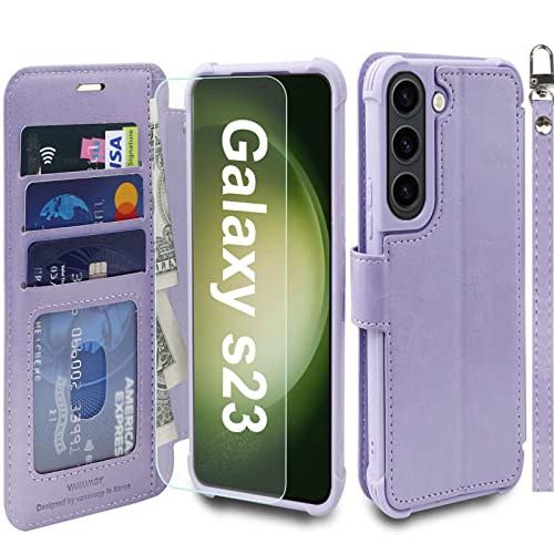 VANAVAGY Handyhülle für Samaung Galaxy S23 5G,Premium Leder Stoßfeste Klapphülle Mit Kabelloses Laden und RFID Blocking für Galaxy S23 5G(6.1 Zoll),Nelke Violett von VANAVAGY