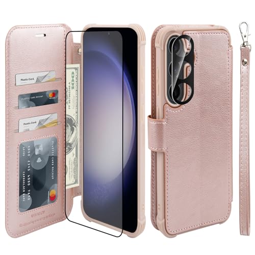 VANAVAGY Handyhülle für Samaung Galaxy S24 5G,Premium Leder Stoßfeste Klapphülle Mit Kabelloses Laden und RFID Blocking für Galaxy S24 5G (6.2 Zoll),Roségold von VANAVAGY