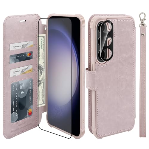 VANAVAGY Handyhülle für Samaung Galaxy S24 5G,Premium Leder Stoßfeste Klapphülle Mit Kabelloses Laden und RFID Blocking für Galaxy S24 5G (6.2 Zoll),rosa von VANAVAGY