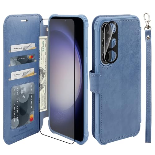 VANAVAGY Handyhülle für Samaung Galaxy S24 Plus 5G,Premium Leder Stoßfeste Klapphülle Mit Kabelloses Laden und RFID Blocking für Galaxy S24 Plus 5G (6.7 Zoll),Blau von VANAVAGY