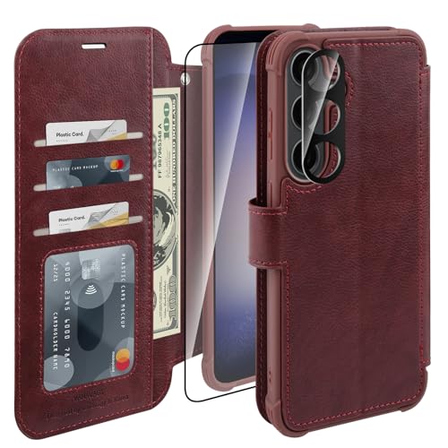 VANAVAGY Handyhülle für Samaung Galaxy S24 Plus 5G,Premium Leder Stoßfeste Klapphülle Mit Kabelloses Laden und RFID Blocking für Galaxy S24 Plus 5G (6.7 Zoll),Burgundisch von VANAVAGY
