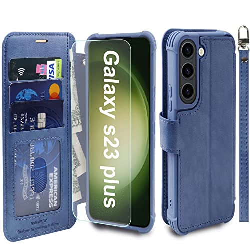 VANAVAGY Handyhülle für Samsung Galaxy S23 Plus 5G,Premium Leder Hülle Stoßfeste Klapphülle Mit Kabelloses Laden und RFID Blocking für Galaxy S23 Plus 5G(6,6 Zoll),Blau von VANAVAGY