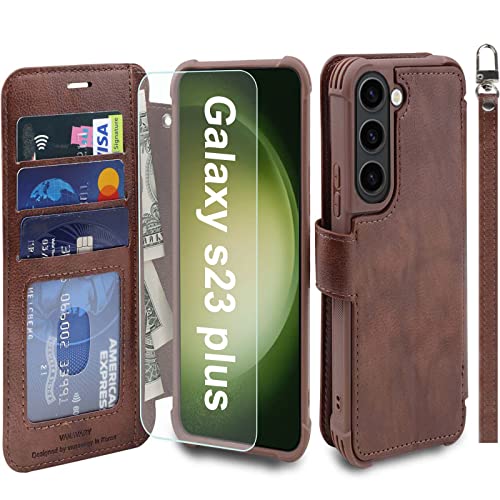 VANAVAGY Handyhülle für Samsung Galaxy S23 Plus 5G,Premium Leder Hülle Stoßfeste Klapphülle Mit Kabelloses Laden und RFID Blocking für Galaxy S23 Plus 5G(6,6 Zoll),Braun von VANAVAGY