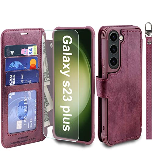 VANAVAGY Handyhülle für Samsung Galaxy S23 Plus 5G,Premium Leder Hülle Stoßfeste Klapphülle Mit Kabelloses Laden und RFID Blocking für Galaxy S23 Plus 5G(6,6 Zoll),Burgundisch von VANAVAGY