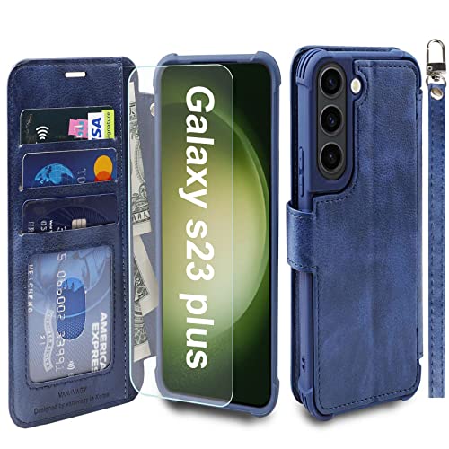 VANAVAGY Handyhülle für Samsung Galaxy S23 Plus 5G,Premium Leder Hülle Stoßfeste Klapphülle Mit Kabelloses Laden und RFID Blocking für Galaxy S23 Plus 5G(6,6 Zoll),Marineblau von VANAVAGY