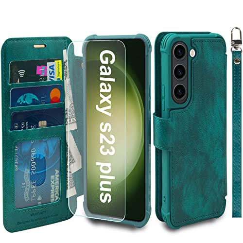 VANAVAGY Handyhülle für Samsung Galaxy S23 Plus 5G,Premium Leder Hülle Stoßfeste Klapphülle Mit Kabelloses Laden und RFID Blocking für Galaxy S23 Plus 5G(6,6 Zoll),Mitternachtsgrün von VANAVAGY