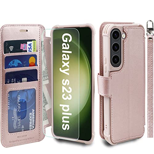 VANAVAGY Handyhülle für Samsung Galaxy S23 Plus 5G,Premium Leder Hülle Stoßfeste Klapphülle Mit Kabelloses Laden und RFID Blocking für Galaxy S23 Plus 5G(6,6 Zoll),Roségold von VANAVAGY