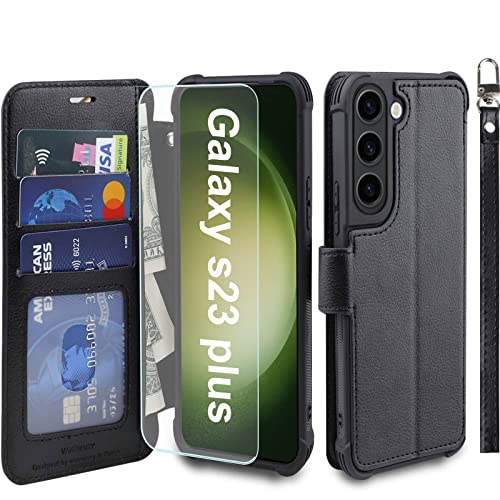 VANAVAGY Handyhülle für Samsung Galaxy S23 Plus 5G,Premium Leder Hülle Stoßfeste Klapphülle Mit Kabelloses Laden und RFID Blocking für Galaxy S23 Plus 5G(6,6 Zoll),Schwarz von VANAVAGY