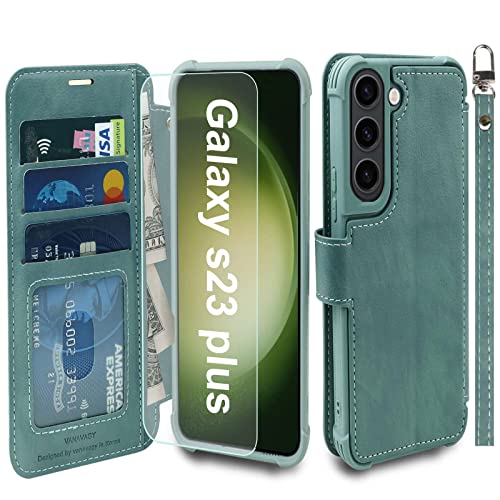 VANAVAGY Handyhülle für Samsung Galaxy S23 Plus 5G,Premium Leder Hülle Stoßfeste Klapphülle Mit Kabelloses Laden und RFID Blocking für Galaxy S23 Plus 5G(6,6 Zoll),Waldgrün von VANAVAGY
