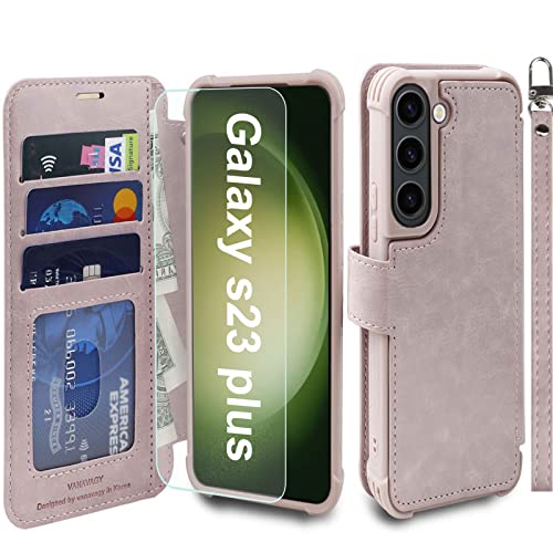 VANAVAGY Handyhülle für Samsung Galaxy S23 Plus 5G,Premium Leder Hülle Stoßfeste Klapphülle Mit Kabelloses Laden und RFID Blocking für Galaxy S23 Plus 5G(6,6 Zoll),rosa von VANAVAGY