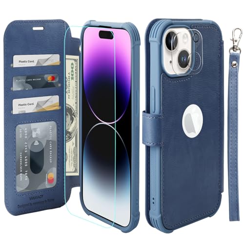 VANAVAGY Handyhülle für iPhone 15 Hülle für Frauen und Männer,Leder Stoßfest Flip Case mit Drahtloser Aufladung und RFID-Blockierung für Apple 15 (6,1 Zoll), Blau von VANAVAGY