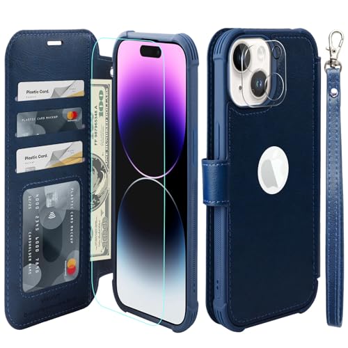 VANAVAGY Handyhülle für iPhone 15 Hülle für Frauen und Männer,Leder Stoßfest Flip Case mit Drahtloser Aufladung und RFID-Blockierung für Apple 15 (6,1 Zoll), Marineblau von VANAVAGY