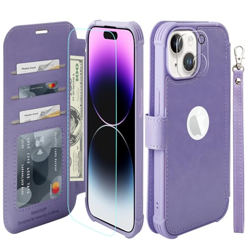 VANAVAGY Handyhülle für iPhone 15 Hülle für Frauen und Männer,Leder Stoßfest Flip Case mit Drahtloser Aufladung und RFID-Blockierung für Apple 15 (6,1 Zoll), Nelke Violett von VANAVAGY