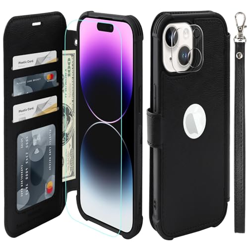 VANAVAGY Handyhülle für iPhone 15 Hülle für Frauen und Männer,Leder Stoßfest Flip Case mit Drahtloser Aufladung und RFID-Blockierung für Apple 15 (6,1 Zoll), Schwarz von VANAVAGY