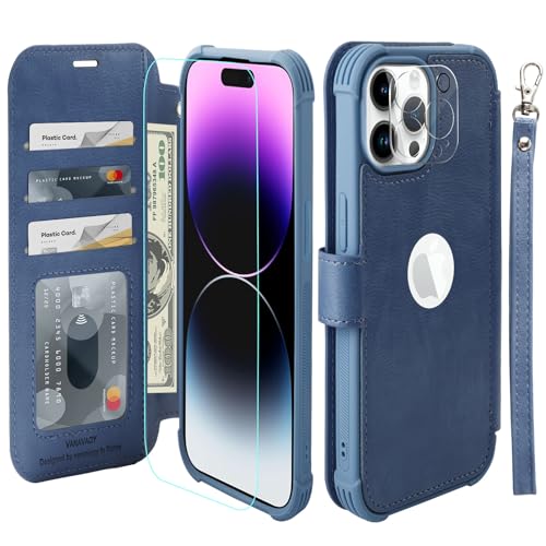 VANAVAGY Handyhülle für iPhone 15 pro Hülle für Frauen und Männer,Leder Stoßfest Flip Case mit Drahtloser Aufladung und RFID-Blockierung für Apple 15 pro (6,1 Zoll), Blau von VANAVAGY
