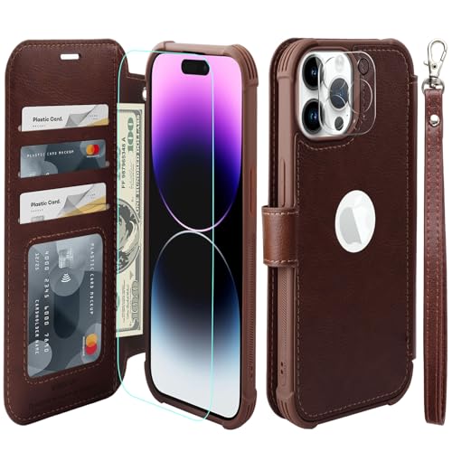 VANAVAGY Handyhülle für iPhone 15 pro Hülle für Frauen und Männer,Leder Stoßfest Flip Case mit Drahtloser Aufladung und RFID-Blockierung für Apple 15 pro (6,1 Zoll), Braun von VANAVAGY