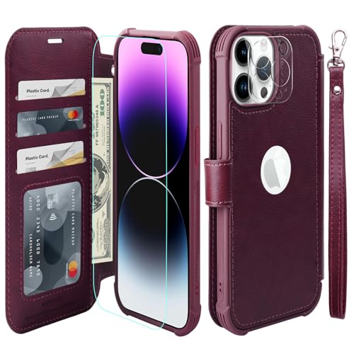 VANAVAGY Handyhülle für iPhone 15 pro Hülle für Frauen und Männer,Leder Stoßfest Flip Case mit Drahtloser Aufladung und RFID-Blockierung für Apple 15 pro (6,1 Zoll), Burgundisch von VANAVAGY