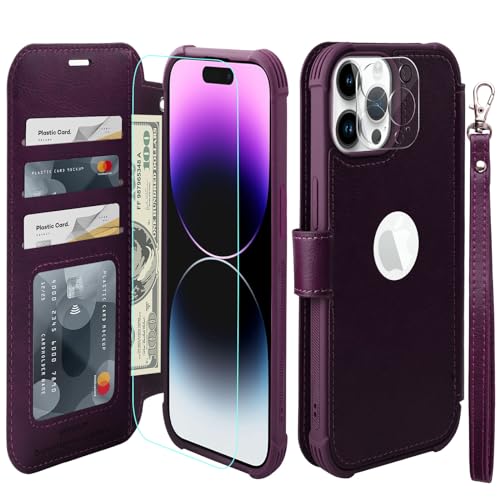 VANAVAGY Handyhülle für iPhone 15 pro Hülle für Frauen und Männer,Leder Stoßfest Flip Case mit Drahtloser Aufladung und RFID-Blockierung für Apple 15 pro (6,1 Zoll), Lila von VANAVAGY