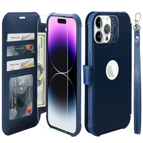 VANAVAGY Handyhülle für iPhone 15 pro Hülle für Frauen und Männer,Leder Stoßfest Flip Case mit Drahtloser Aufladung und RFID-Blockierung für Apple 15 pro (6,1 Zoll), Marineblau von VANAVAGY
