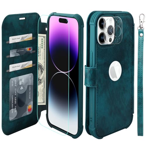 VANAVAGY Handyhülle für iPhone 15 pro Hülle für Frauen und Männer,Leder Stoßfest Flip Case mit Drahtloser Aufladung und RFID-Blockierung für Apple 15 pro (6,1 Zoll), Mitternachtsgrün von VANAVAGY