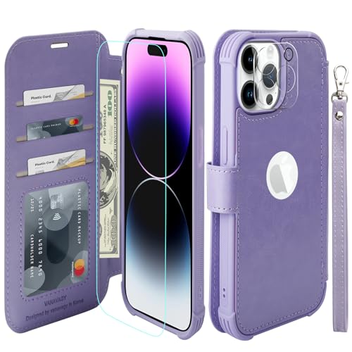 VANAVAGY Handyhülle für iPhone 15 pro Hülle für Frauen und Männer,Leder Stoßfest Flip Case mit Drahtloser Aufladung und RFID-Blockierung für Apple 15 pro (6,1 Zoll), Nelke Violett von VANAVAGY