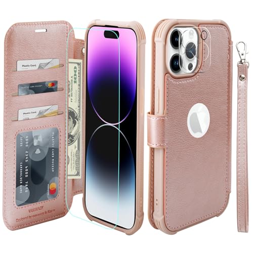 VANAVAGY Handyhülle für iPhone 15 pro Hülle für Frauen und Männer,Leder Stoßfest Flip Case mit Drahtloser Aufladung und RFID-Blockierung für Apple 15 pro (6,1 Zoll), Roségold von VANAVAGY