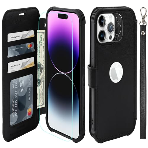 VANAVAGY Handyhülle für iPhone 15 pro Hülle für Frauen und Männer,Leder Stoßfest Flip Case mit Drahtloser Aufladung und RFID-Blockierung für Apple 15 pro (6,1 Zoll), Schwarz von VANAVAGY