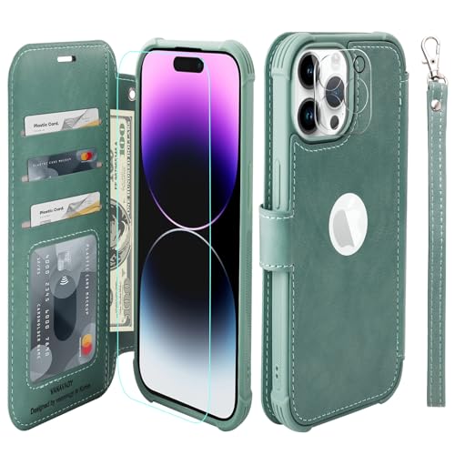 VANAVAGY Handyhülle für iPhone 15 pro Hülle für Frauen und Männer,Leder Stoßfest Flip Case mit Drahtloser Aufladung und RFID-Blockierung für Apple 15 pro (6,1 Zoll), Waldgrün von VANAVAGY