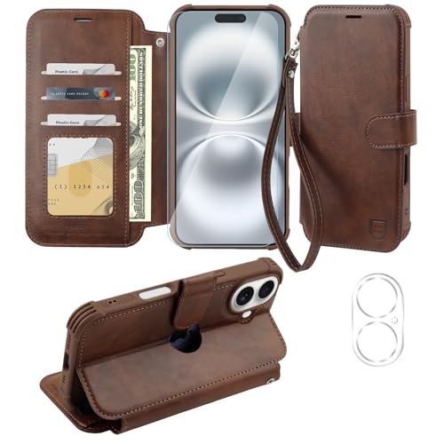 VANAVAGY Handyhülle für iPhone 16 Hülle für Frauen und Männer,Leder Stoßfest Flip Case mit Drahtloser Aufladung und RFID-Blockierung für Apple 16 (6,1 Zoll), Braun von VANAVAGY