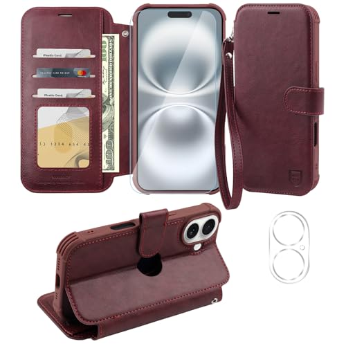 VANAVAGY Handyhülle für iPhone 16 Hülle für Frauen und Männer,Leder Stoßfest Flip Case mit Drahtloser Aufladung und RFID-Blockierung für Apple 16 (6,1 Zoll), Burgundisch von VANAVAGY
