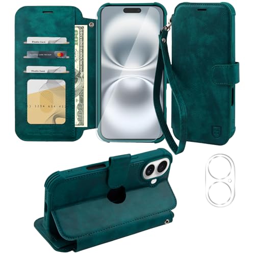 VANAVAGY Handyhülle für iPhone 16 Hülle für Frauen und Männer,Leder Stoßfest Flip Case mit Drahtloser Aufladung und RFID-Blockierung für Apple 16 (6,1 Zoll), Mitternachtsgrün von VANAVAGY
