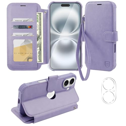 VANAVAGY Handyhülle für iPhone 16 Hülle für Frauen und Männer,Leder Stoßfest Flip Case mit Drahtloser Aufladung und RFID-Blockierung für Apple 16 (6,1 Zoll), Nelke Violett von VANAVAGY