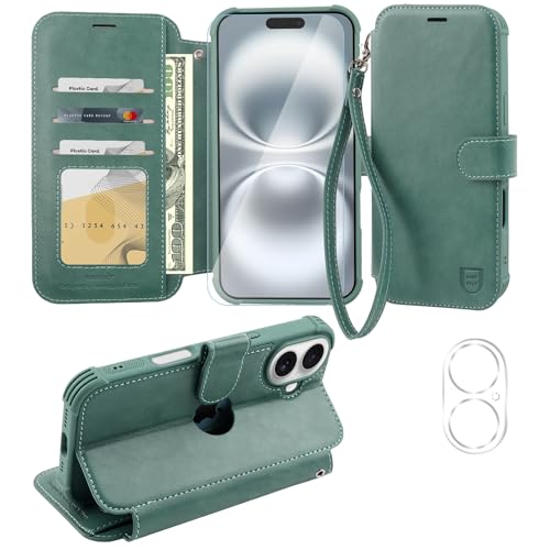 VANAVAGY Handyhülle für iPhone 16 Hülle für Frauen und Männer,Leder Stoßfest Flip Case mit Drahtloser Aufladung und RFID-Blockierung für Apple 16 (6,1 Zoll), Waldgrün von VANAVAGY