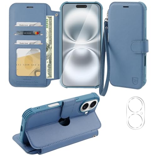 VANAVAGY Handyhülle für iPhone 16 Plus Hülle für Frauen und Männer,Leder Stoßfest Flip Case mit Drahtloser Aufladung und RFID-Blockierung für Apple Plus(6,7 Zoll), Blau von VANAVAGY