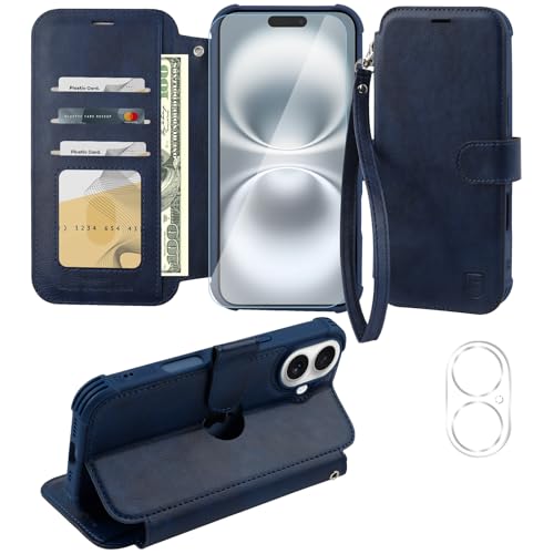 VANAVAGY Handyhülle für iPhone 16 Plus Hülle für Frauen und Männer,Leder Stoßfest Flip Case mit Drahtloser Aufladung und RFID-Blockierung für Apple Plus(6,7 Zoll), Marineblau von VANAVAGY