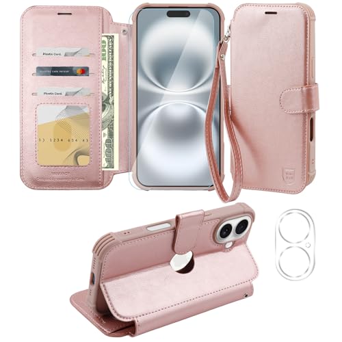 VANAVAGY Handyhülle für iPhone 16 Plus Hülle für Frauen und Männer,Leder Stoßfest Flip Case mit Drahtloser Aufladung und RFID-Blockierung für Apple Plus(6,7 Zoll), Roségold von VANAVAGY