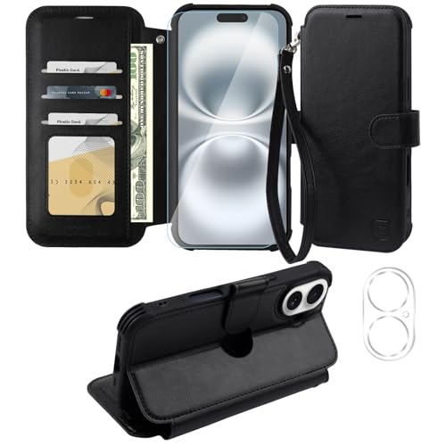 VANAVAGY Handyhülle für iPhone 16 Plus Hülle für Frauen und Männer,Leder Stoßfest Flip Case mit Drahtloser Aufladung und RFID-Blockierung für Apple Plus(6,7 Zoll), Schwarz von VANAVAGY