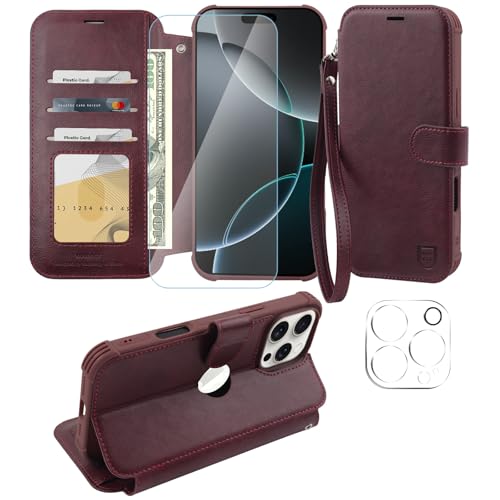 VANAVAGY Handyhülle für iPhone 16 Pro Hülle für Frauen und Männer,Leder Stoßfest Flip Case mit Drahtloser Aufladung und RFID-Blockierung für Apple 16 Pro(6,3 Zoll), Burgundisch von VANAVAGY
