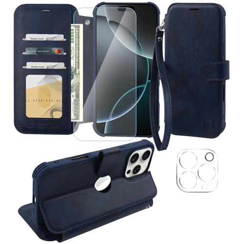 VANAVAGY Handyhülle für iPhone 16 Pro Hülle für Frauen und Männer,Leder Stoßfest Flip Case mit Drahtloser Aufladung und RFID-Blockierung für Apple 16 Pro(6,3 Zoll), Marineblau von VANAVAGY