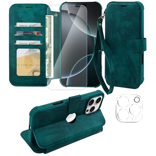 VANAVAGY Handyhülle für iPhone 16 Pro Hülle für Frauen und Männer,Leder Stoßfest Flip Case mit Drahtloser Aufladung und RFID-Blockierung für Apple 16 Pro(6,3 Zoll), Mitternachtsgrün von VANAVAGY
