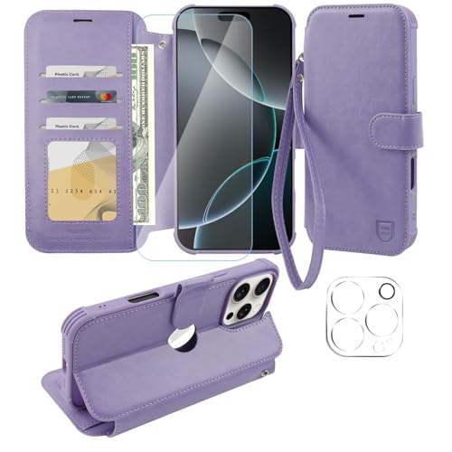 VANAVAGY Handyhülle für iPhone 16 Pro Hülle für Frauen und Männer,Leder Stoßfest Flip Case mit Drahtloser Aufladung und RFID-Blockierung für Apple 16 Pro(6,3 Zoll), Nelke Violett von VANAVAGY