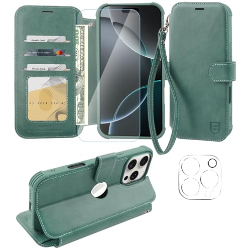 VANAVAGY Handyhülle für iPhone 16 Pro Hülle für Frauen und Männer,Leder Stoßfest Flip Case mit Drahtloser Aufladung und RFID-Blockierung für Apple 16 Pro(6,3 Zoll), Waldgrün von VANAVAGY