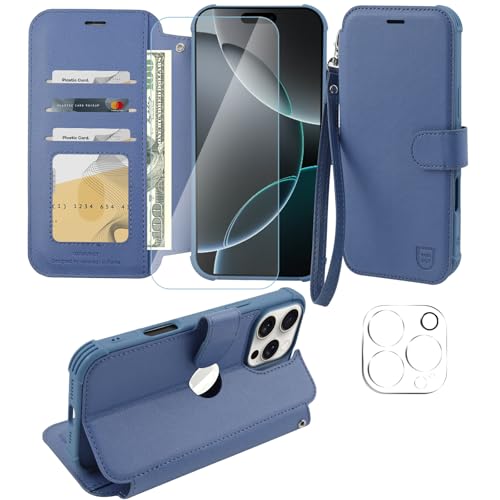 VANAVAGY Handyhülle für iPhone 16 Pro Max Hülle für Frauen und Männer,Leder Stoßfest Flip Case mit Drahtloser Aufladung und RFID-Blockierung für Apple 16 Pro Max(6,9 Zoll), Blau von VANAVAGY