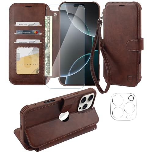 VANAVAGY Handyhülle für iPhone 16 Pro Max Hülle für Frauen und Männer,Leder Stoßfest Flip Case mit Drahtloser Aufladung und RFID-Blockierung für Apple 16 Pro Max(6,9 Zoll), Braun von VANAVAGY
