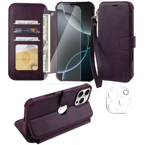VANAVAGY Handyhülle für iPhone 16 Pro Max Hülle für Frauen und Männer,Leder Stoßfest Flip Case mit Drahtloser Aufladung und RFID-Blockierung für Apple 16 Pro Max(6,9 Zoll), Lila von VANAVAGY