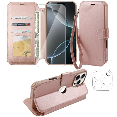 VANAVAGY Handyhülle für iPhone 16 Pro Max Hülle für Frauen und Männer,Leder Stoßfest Flip Case mit Drahtloser Aufladung und RFID-Blockierung für Apple 16 Pro Max(6,9 Zoll), Roségold von VANAVAGY