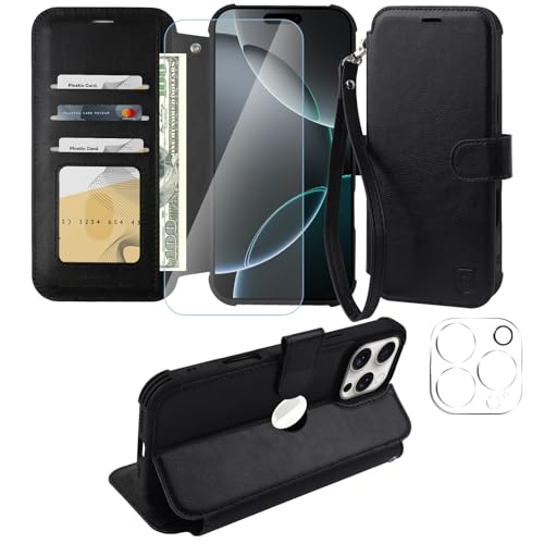 VANAVAGY Handyhülle für iPhone 16 Pro Max Hülle für Frauen und Männer,Leder Stoßfest Flip Case mit Drahtloser Aufladung und RFID-Blockierung für Apple 16 Pro Max(6,9 Zoll), Schwarz von VANAVAGY